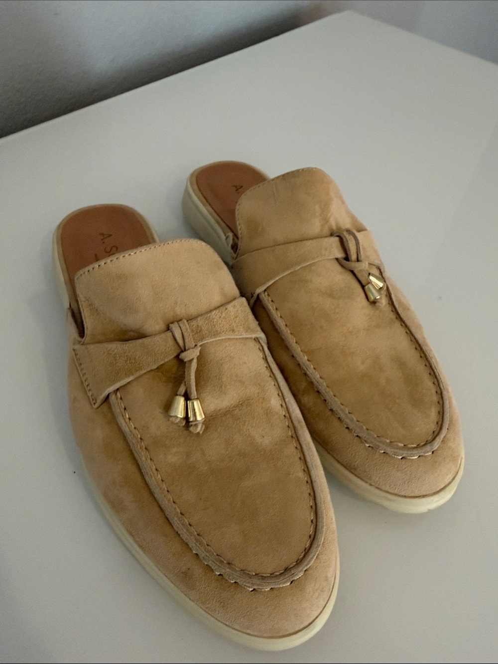 Suede Tassel Backless Loafers in Tan